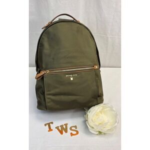 Michael Kors Olive Green Nylon Backpack with Tan Leather Trim and Gold Hardware